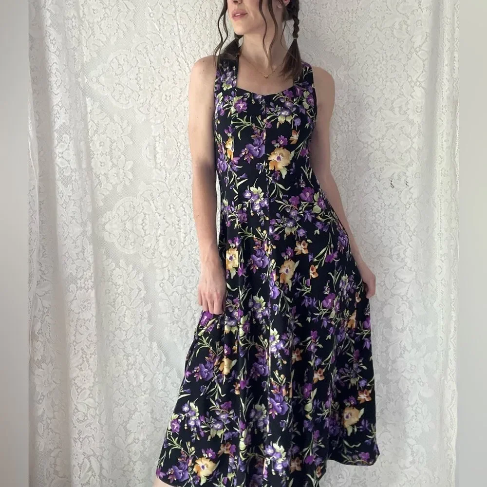 Vintage 80s All That Jazz Black Floral Midi Dress Crisscross Back Size 7/8 - Picture 13 of 16